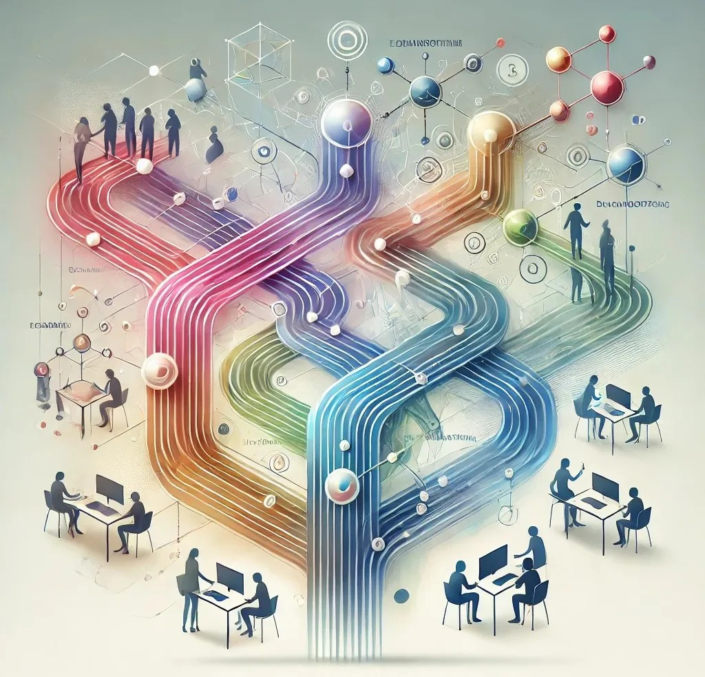 Grafische Darstellung vernetzter Arbeitsströme und Teams – Symbol für eine agile Organisationsstruktur.