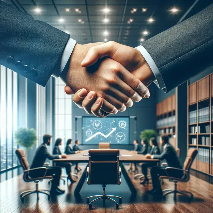 Poignée de main entre dirigeants devant une salle de réunion du comité de direction – image symbolique d'une fusion d'entreprise