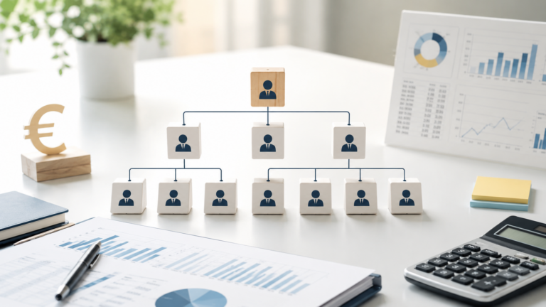 CFO-Organigramm mit Finanzkennzahlen und Taschenrechner.