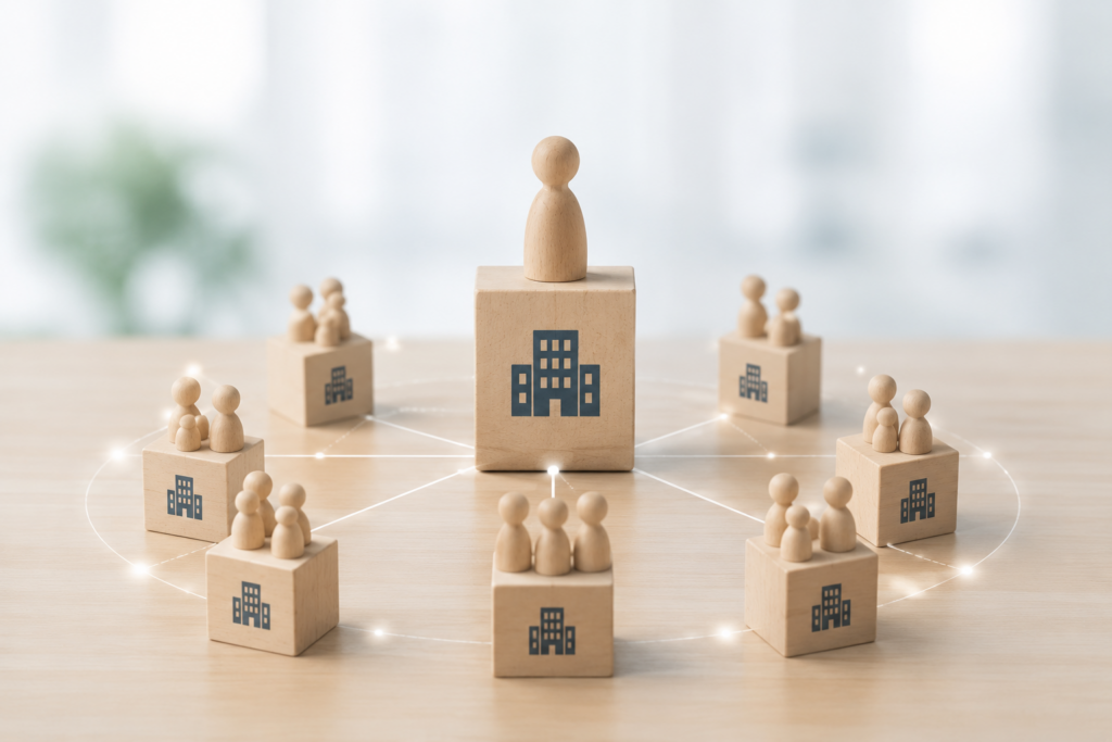 A holding company structure consisting of a parent company and several subsidiaries.